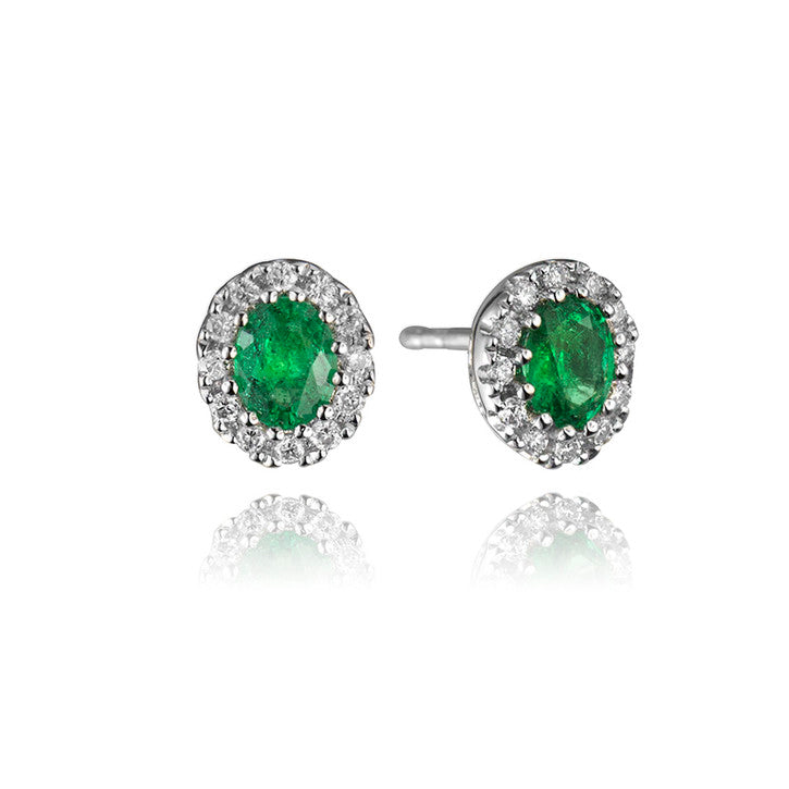14K White Gold Emerald and Diamond Stud Earrings