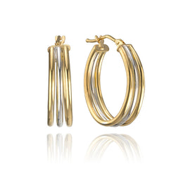 18K Yellow and White Gold Two Tone Triple Hoop Earrings