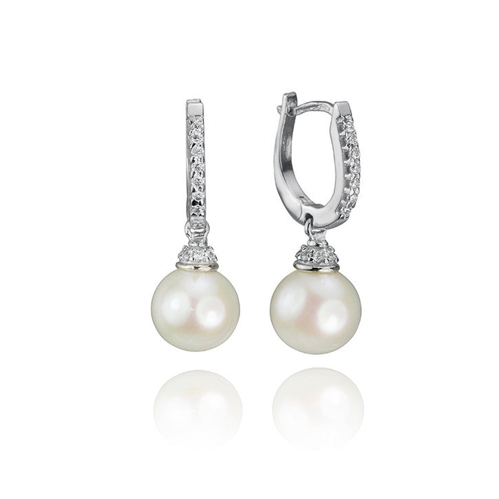 18K White Gold Cubic Zirconia Accented Pearl Drop Earrings